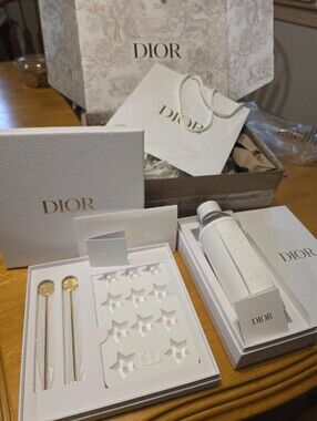 Dior White & Gold Beverage Gift Set with Bottle, Accent Stirrers, Ice Cube Tray